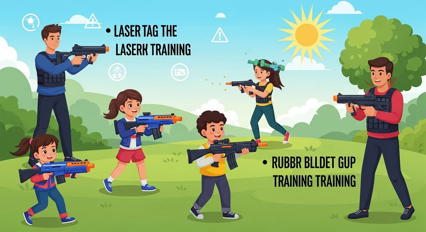 Ultimate Collection: 125+ Mind-Bending Gun Riddles with Answers 9 Happy families and children playing laser tag with colorful toy weapons in sunny outdoor park setting with training equipment