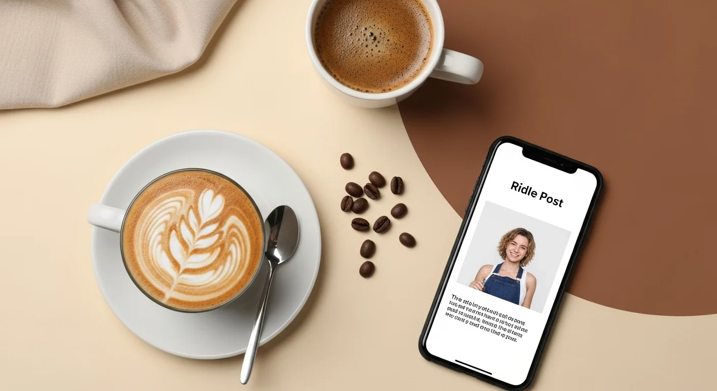 125+ Coffee Riddles with Answers: A Brew of Brain Teasers for Coffee Lovers 10 Professional latte art in white cup with coffee beans and smartphone displaying Ridle Post app
