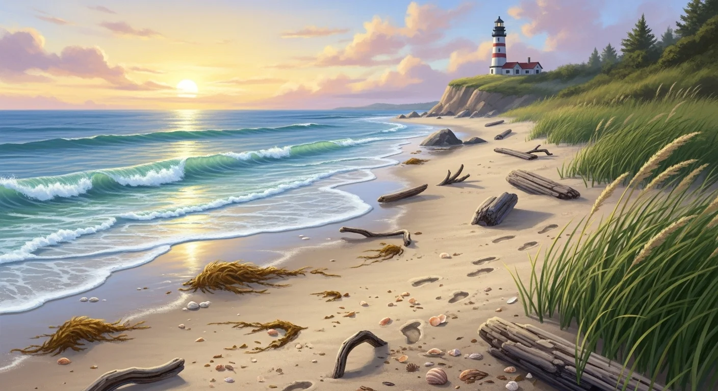 125+ Sea Riddles with Answers: Dive into the Depths of Mystery and Fun 3 Lighthouse on cliff overlooking beach at sunset with driftwood and seashells scattered on sand