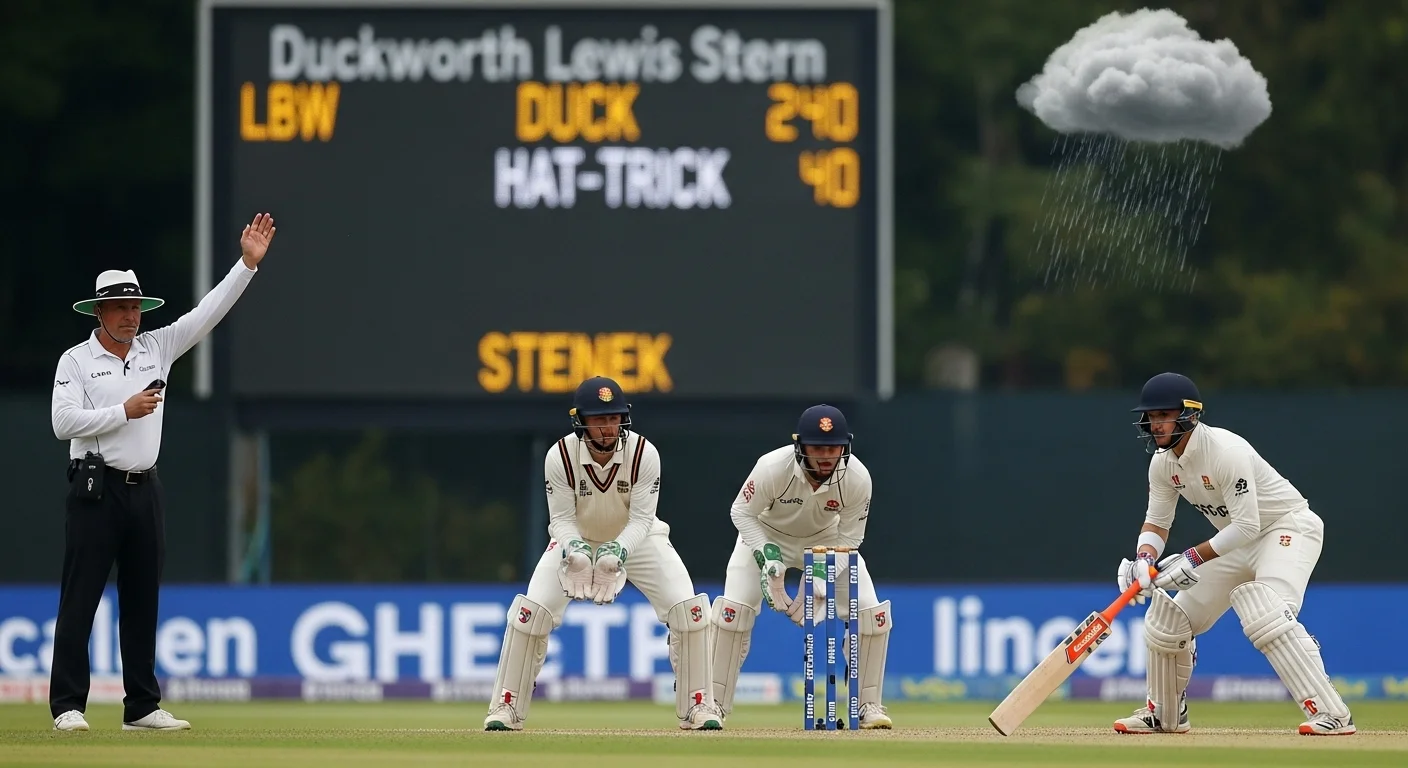 150+ Cricket Riddles with Answers: Test Your Knowledge and Have Fun! 2 Live cricket match showing batsman, wicket-keeper and scoreboard displaying DLS method during rain delay