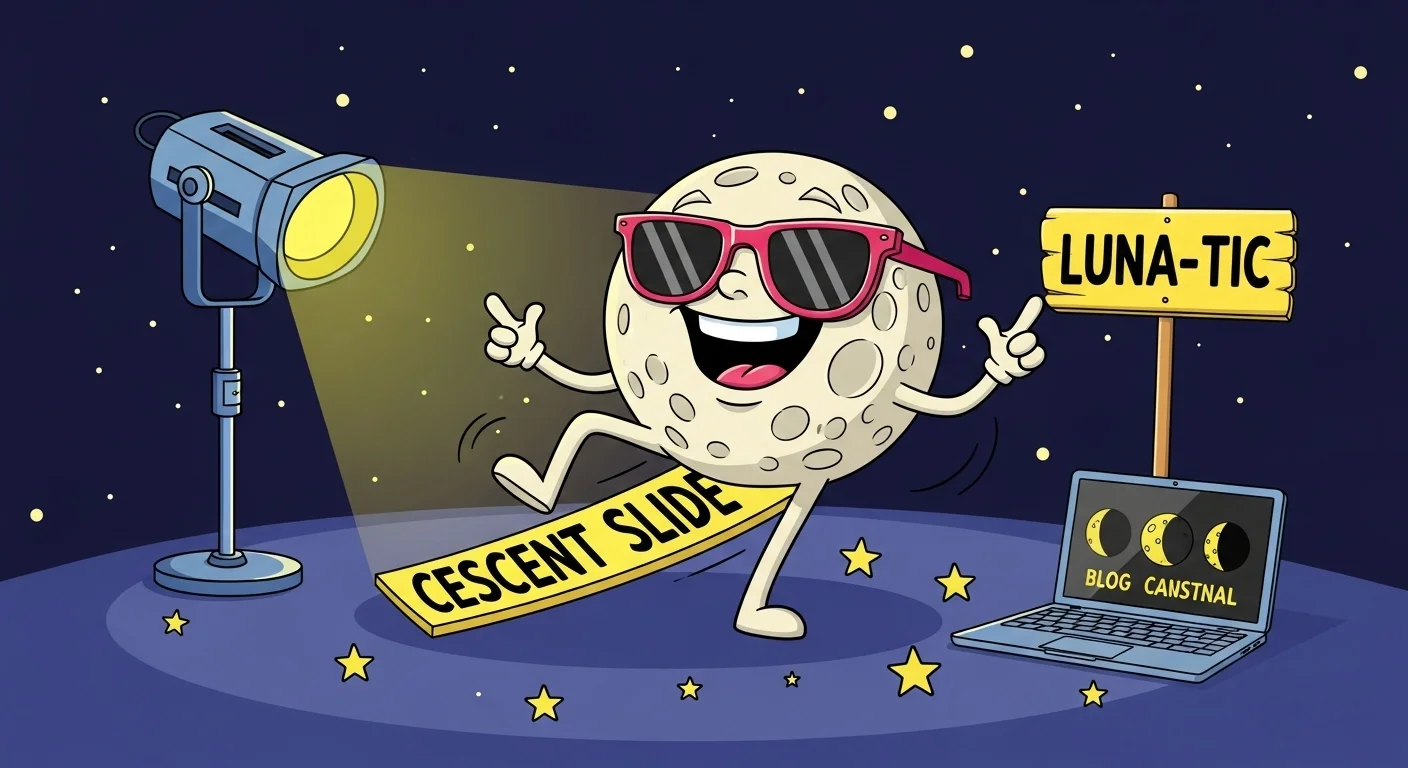 125+ Celestial Moon Riddles for Stargazers with Answers 4 Cartoon moon character wearing pink sunglasses on "Crescent Slide" with telescope and "Luna-tic" sign in starry background