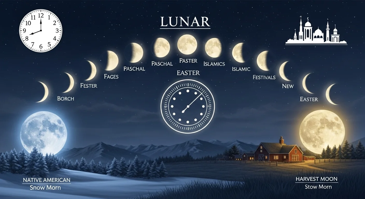 125+ Celestial Moon Riddles for Stargazers with Answers 12 Lunar calendar showing moon phases with religious festival timing including Easter, Passover, Islamic holidays, and Native American seasonal celebrations