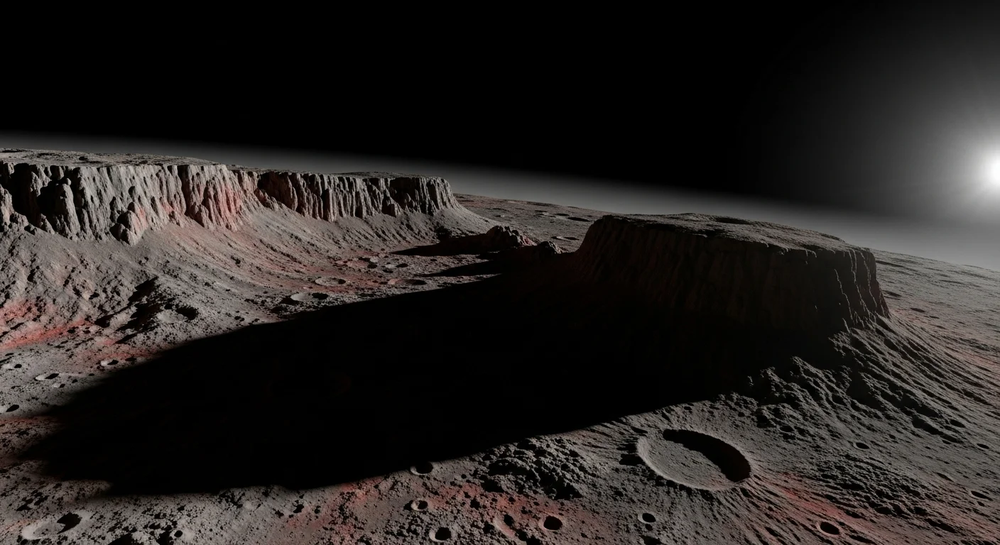 125+ Mercury Riddles with Answers: A Cosmic Puzzle Adventure 11 Dramatic lunar canyon landscape with steep cliffs and crater formations under stark lighting conditions