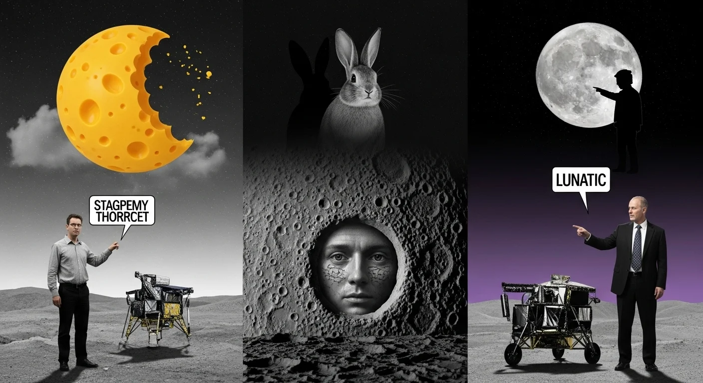 125+ Celestial Moon Riddles for Stargazers with Answers 14 Space exploration lunar missions showing moon surface, astronaut silhouette, rabbit on moon, and lunar landing modules with mission names