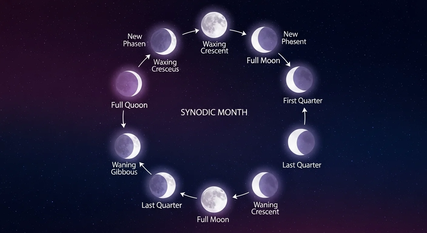 125+ Celestial Moon Riddles for Stargazers with Answers 3 Complete lunar phase cycle diagram showing eight moon phases from new moon to full moon over synodic month period