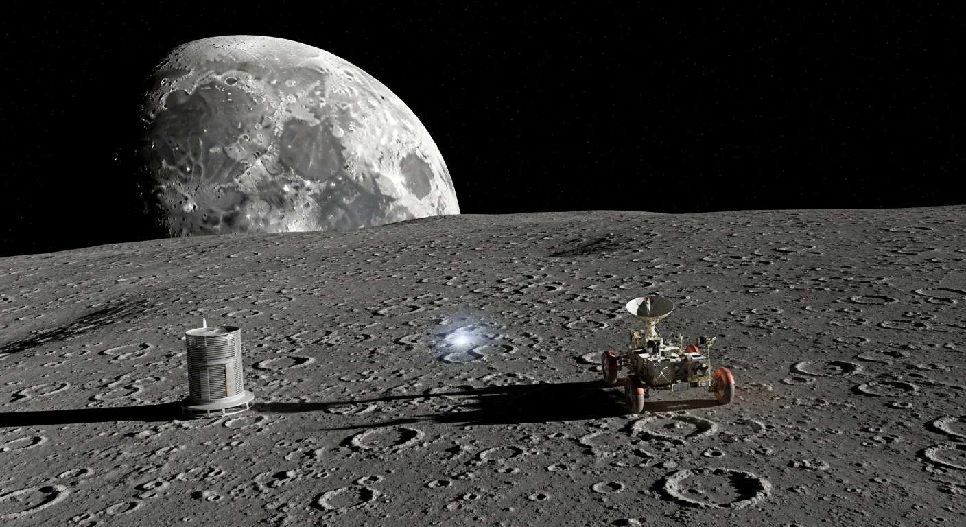125+ Celestial Moon Riddles for Stargazers with Answers 8 Lunar surface scene with scientific equipment and rover on cratered moon terrain with large moon visible in black space background
