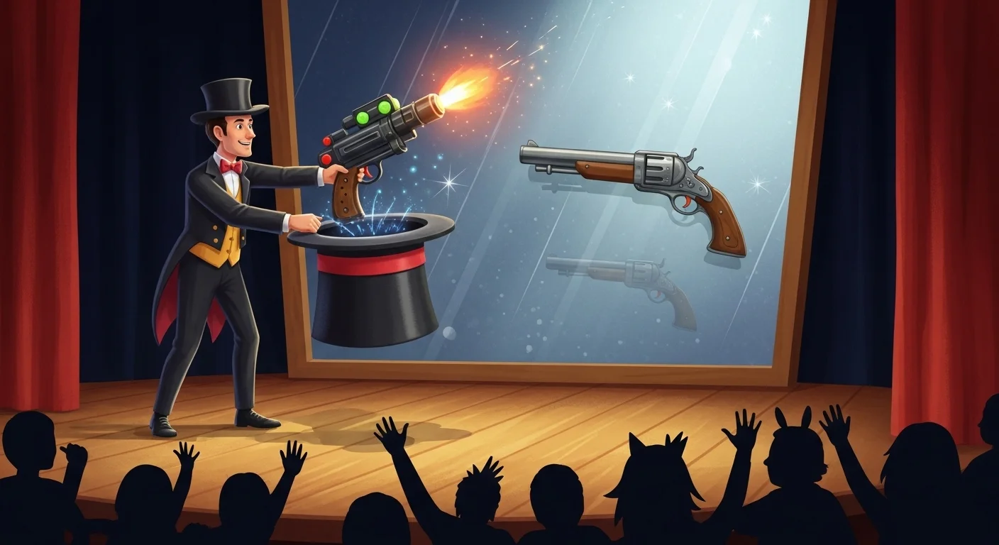 Ultimate Collection: 125+ Mind-Bending Gun Riddles with Answers 4 Stage magician in top hat performing gun-related magic trick with floating revolver and surprised audience, entertainment and illusion theme
