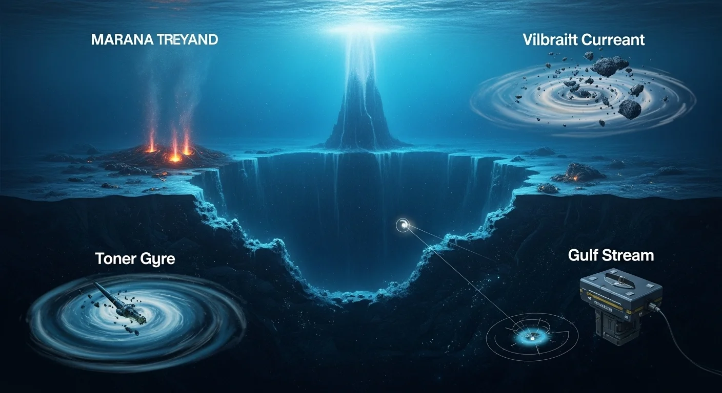 125+ Ocean Riddles & Answers to Challenge Your Mind 3 Deep ocean cross-section showing Mariana Trench with volcanic activity, Gulf Stream currents, Toner Gyre, and Vilbraunt Current with scientific equipment