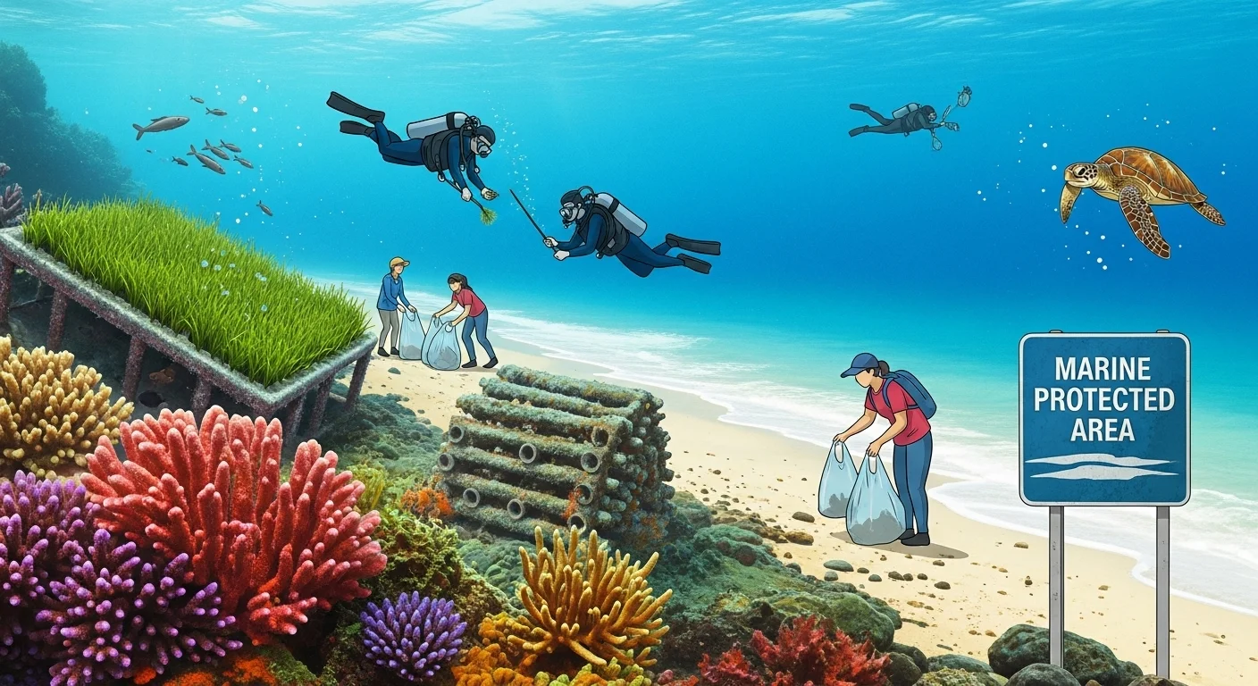 125+ Sea Riddles with Answers: Dive into the Depths of Mystery and Fun 8 Marine protected area with scuba divers, sea turtle and vibrant coral reef conservation efforts