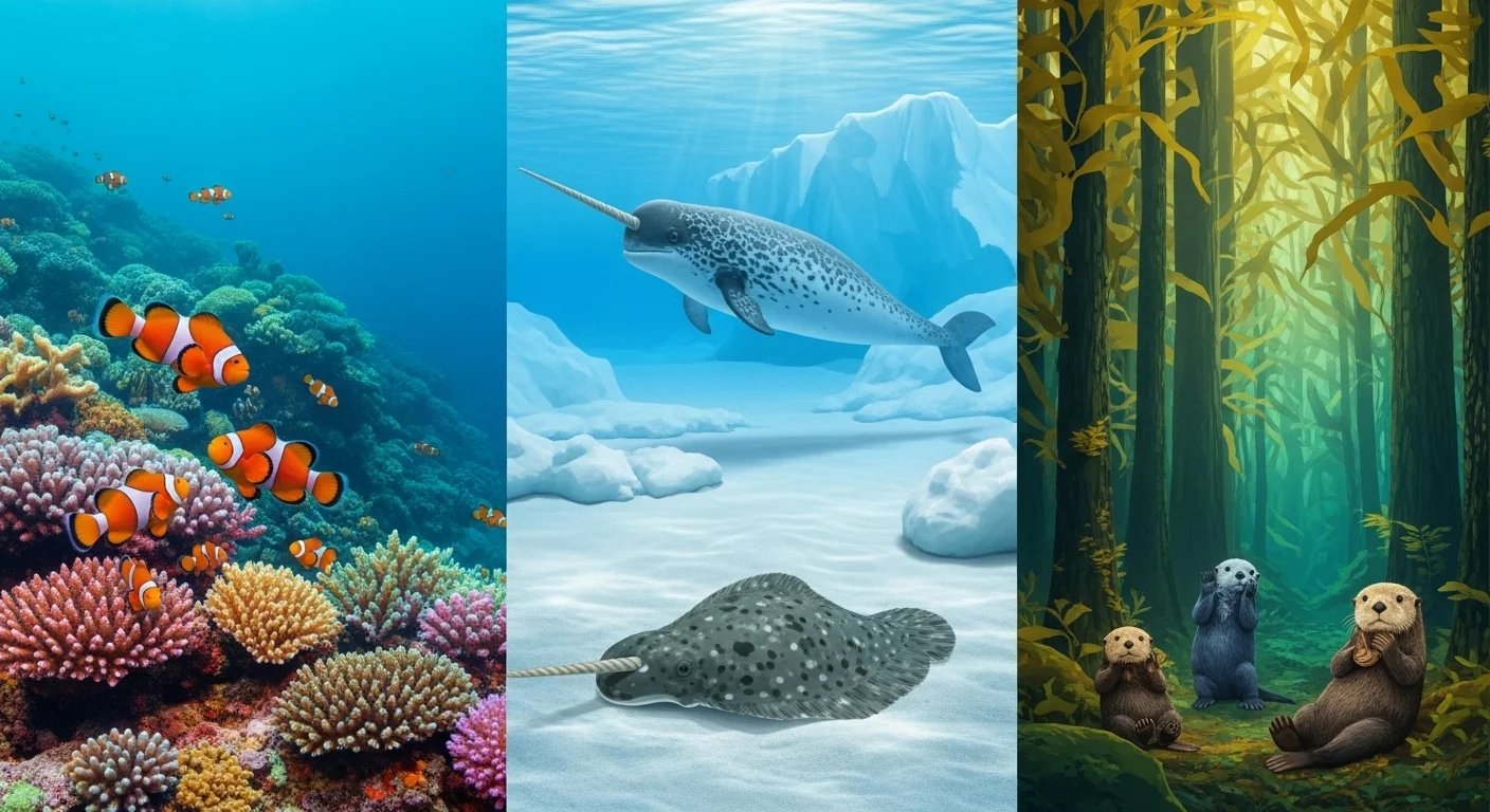 150+ Sea Animal Riddles & Answers to Spark Curiosity and Fun 5 Three-panel marine ecosystem illustration showing coral reef with clownfish, Arctic waters with narwhal and stingray, and kelp forest with sea otters