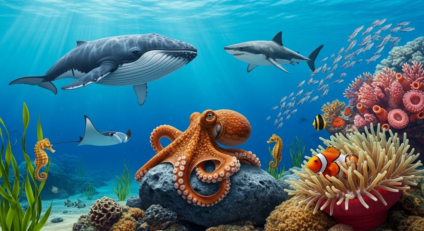 125+ Ocean Riddles & Answers to Challenge Your Mind 4 Diverse underwater ecosystem with humpback whale, great white shark, orange octopus, clownfish, seahorse, manta ray, and vibrant coral reef formations