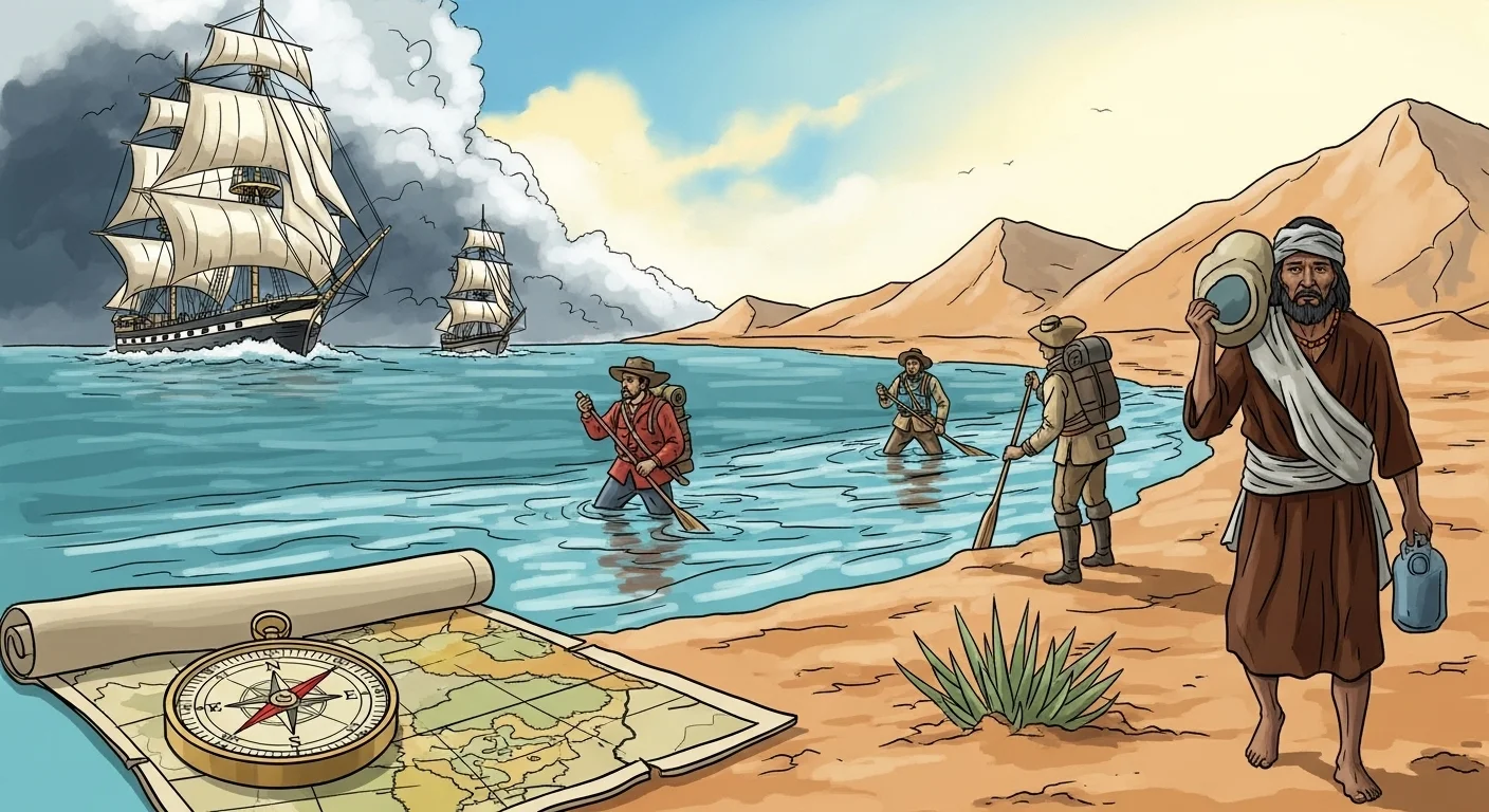 150+ Clever Water Riddles to Challenge and Delight 8 Historical maritime scene with sailing ships, explorers on beach using compass and map navigation tools
