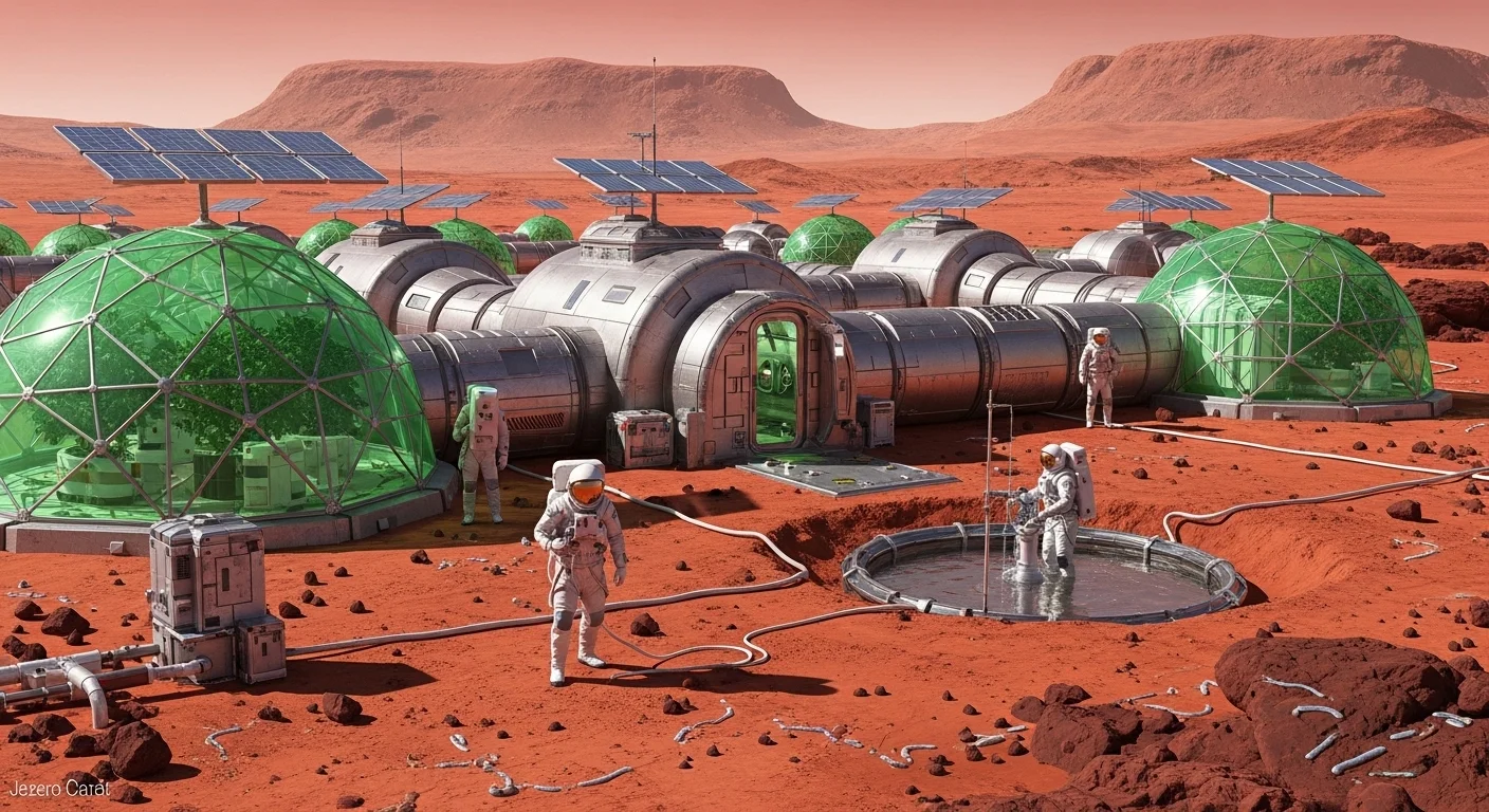 Mars colony settlement with astronauts, greenhouse domes, and solar panels on red Martian landscape
