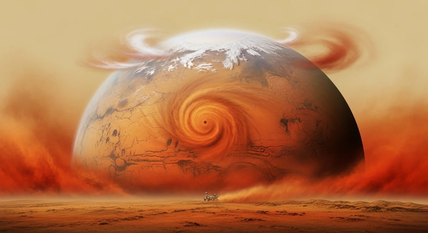 Massive Mars dust storm with swirling atmospheric patterns and rover on surface