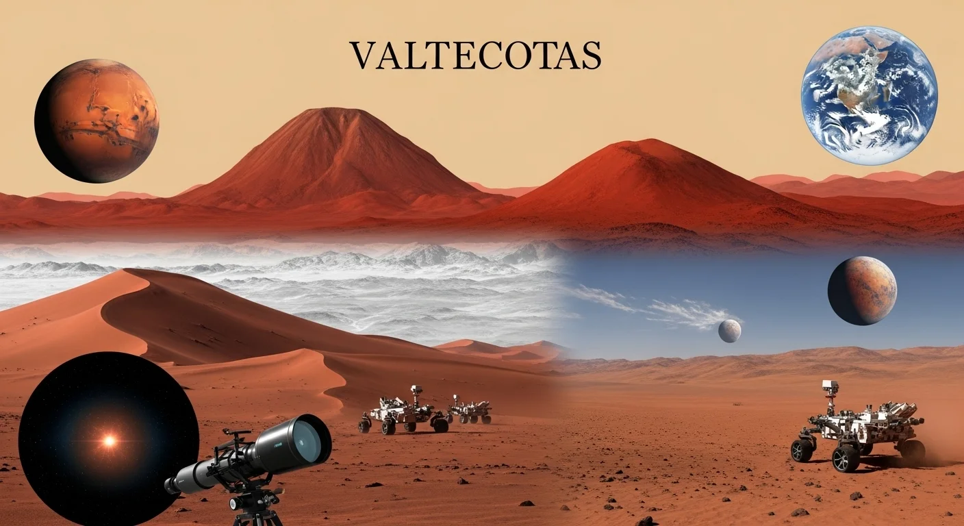 Mars exploration scene with rovers, planets, telescope, and space mission equipment