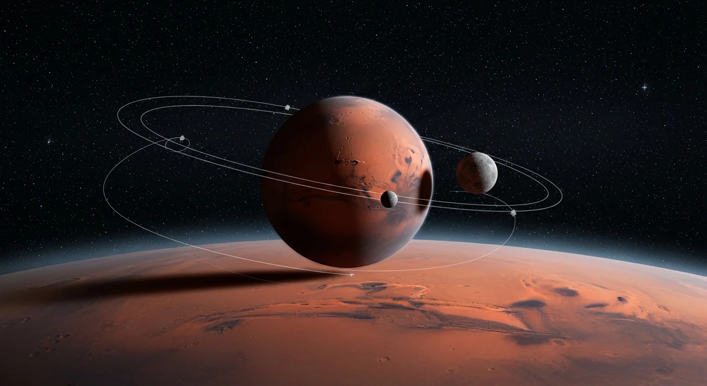 Mars with its two moons Phobos and Deimos showing orbital paths around the red planet
