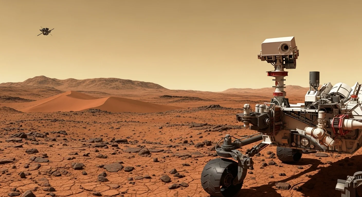 Mars rover and helicopter on red planet surface during exploration mission