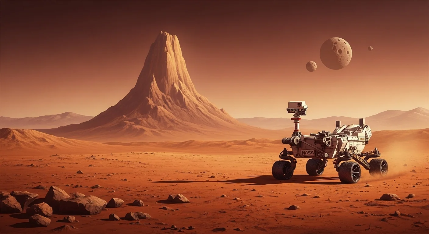 125+ Fun Solar System Riddles with Answers for Kids & Adults 4 NASA Mars rover exploring the red planet's desert landscape with mountains and moons visible in the orange Martian sky