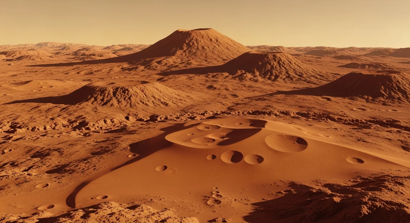 Mars sand dunes and rocky terrain showing red planet desert landscape formations