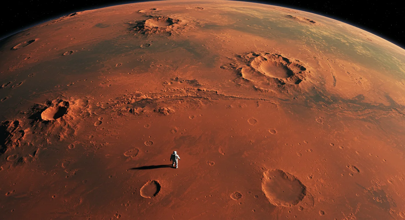 Astronaut on Mars surface with impact craters and red planetary landscape