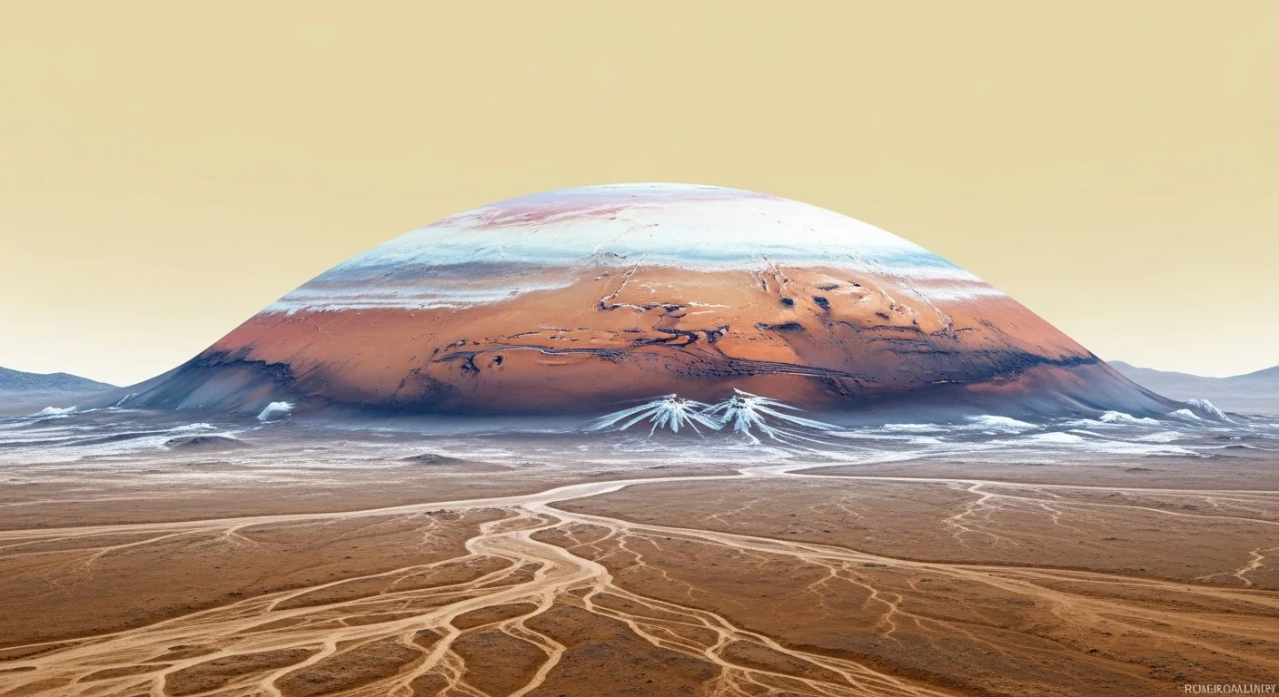 Mars terraforming concept showing partial atmosphere and ice formations on red planet