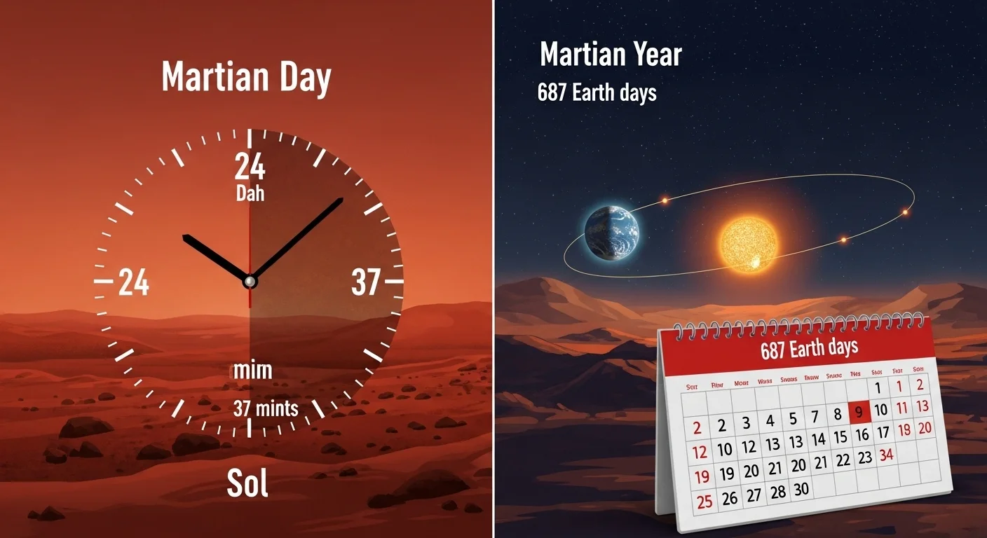 Martian time comparison showing sol day length and year duration versus Earth time