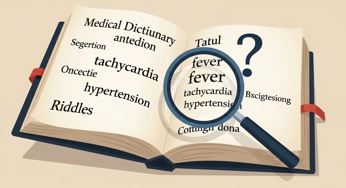 250+ Medical Riddles with Answers: Journey into Medicine 10 Open medical dictionary with magnifying glass highlighting fever, tachycardia, and hypertension terms for healthcare education
