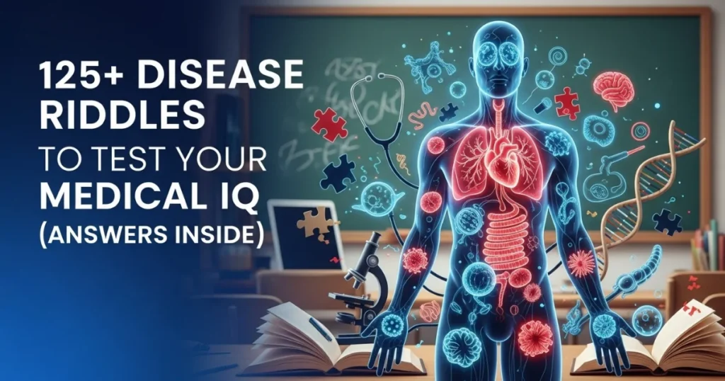 Interactive medical anatomy illustration showing human body systems with disease-related puzzle pieces and medical instruments for healthcare education