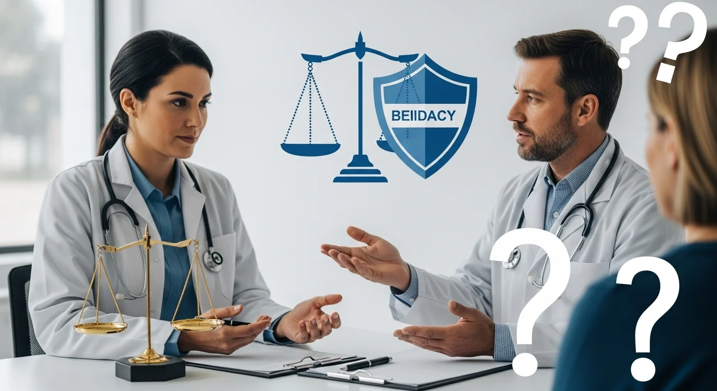 250+ Medical Riddles with Answers: Journey into Medicine 12 Two doctors in consultation discussing medical ethics and legal matters with justice scales and shield representing healthcare integrity