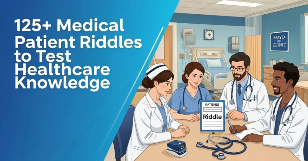 Healthcare professionals discussing medical patient riddles in hospital conference room with Mayo Clinic branding