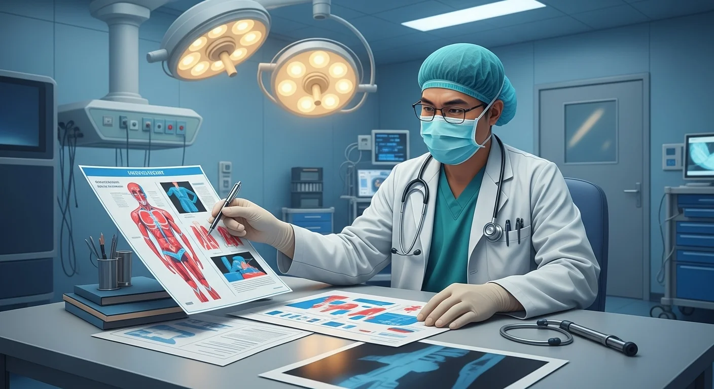 125+ Doctor Riddles with Answers: Educational Brain Teasers 3 Doctor in surgical mask and scrubs studying anatomical charts and medical diagrams in modern hospital operating room