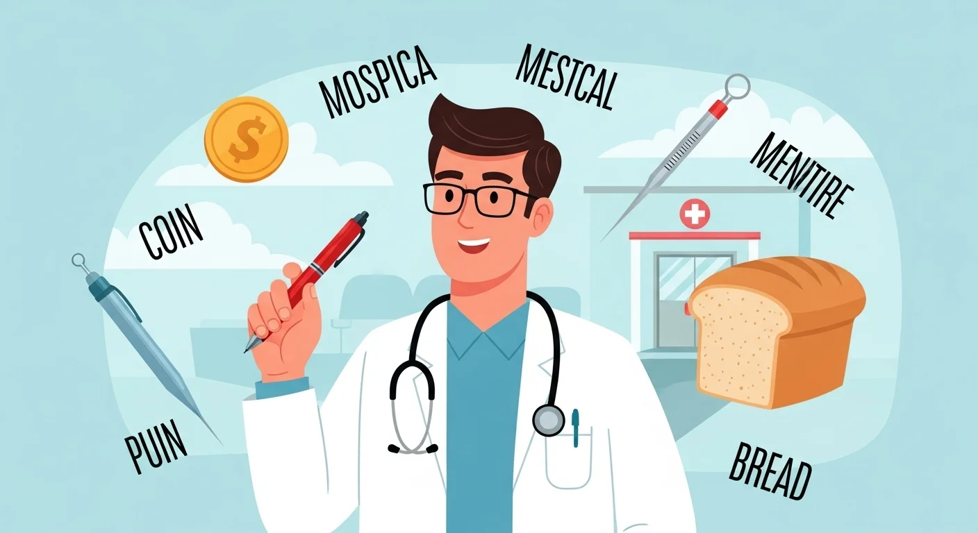 125+ Doctor Riddles with Answers: Educational Brain Teasers 1 Cartoon doctor surrounded by medical puns and wordplay including coin, puin, mospica, mestical, mentire, and bread
