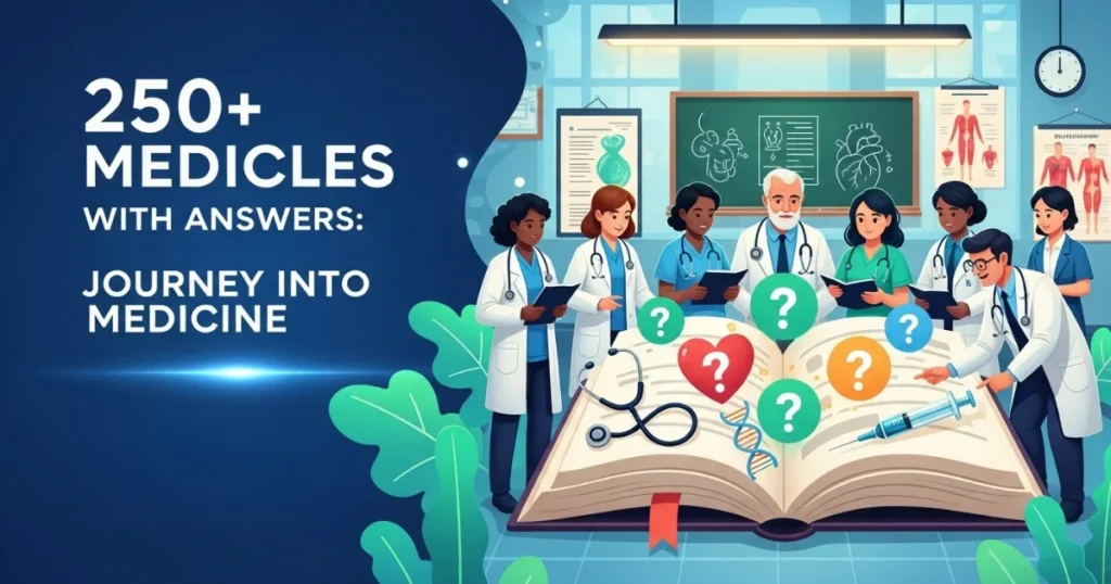 Diverse group of medical students and doctor studying 250+ medical MCQs with answers in classroom setting