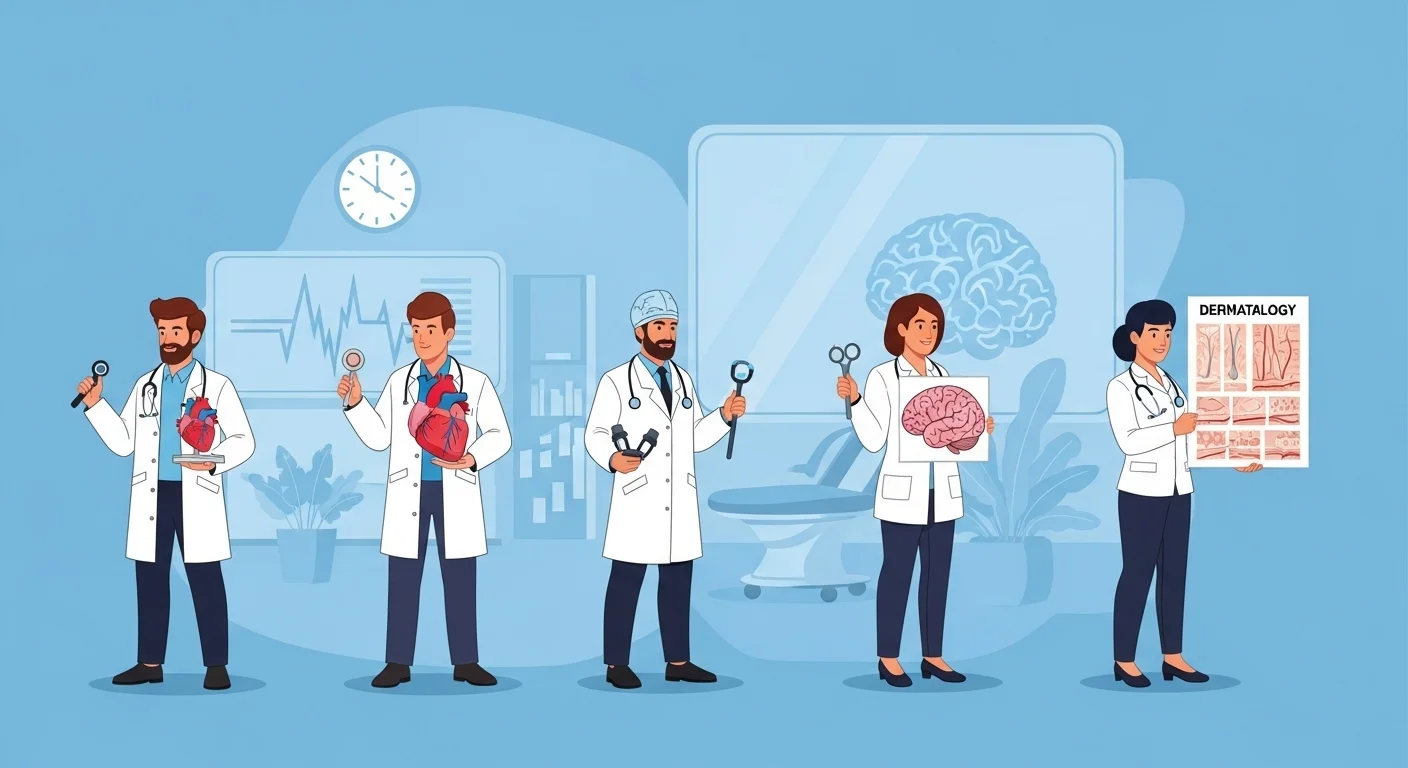125+ Doctor Riddles with Answers: Educational Brain Teasers 6 Five diverse medical specialists including cardiologist, surgeon, neurologist and dermatologist holding medical tools and charts