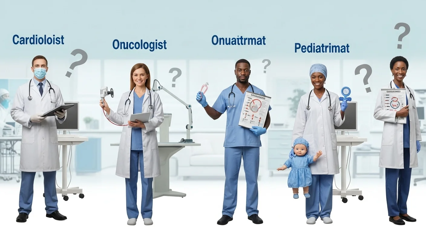 250+ Medical Riddles with Answers: Journey into Medicine 9 Five diverse medical specialists in hospital setting including cardiologist, oncologist, pediatrician with question marks indicating specialty identification