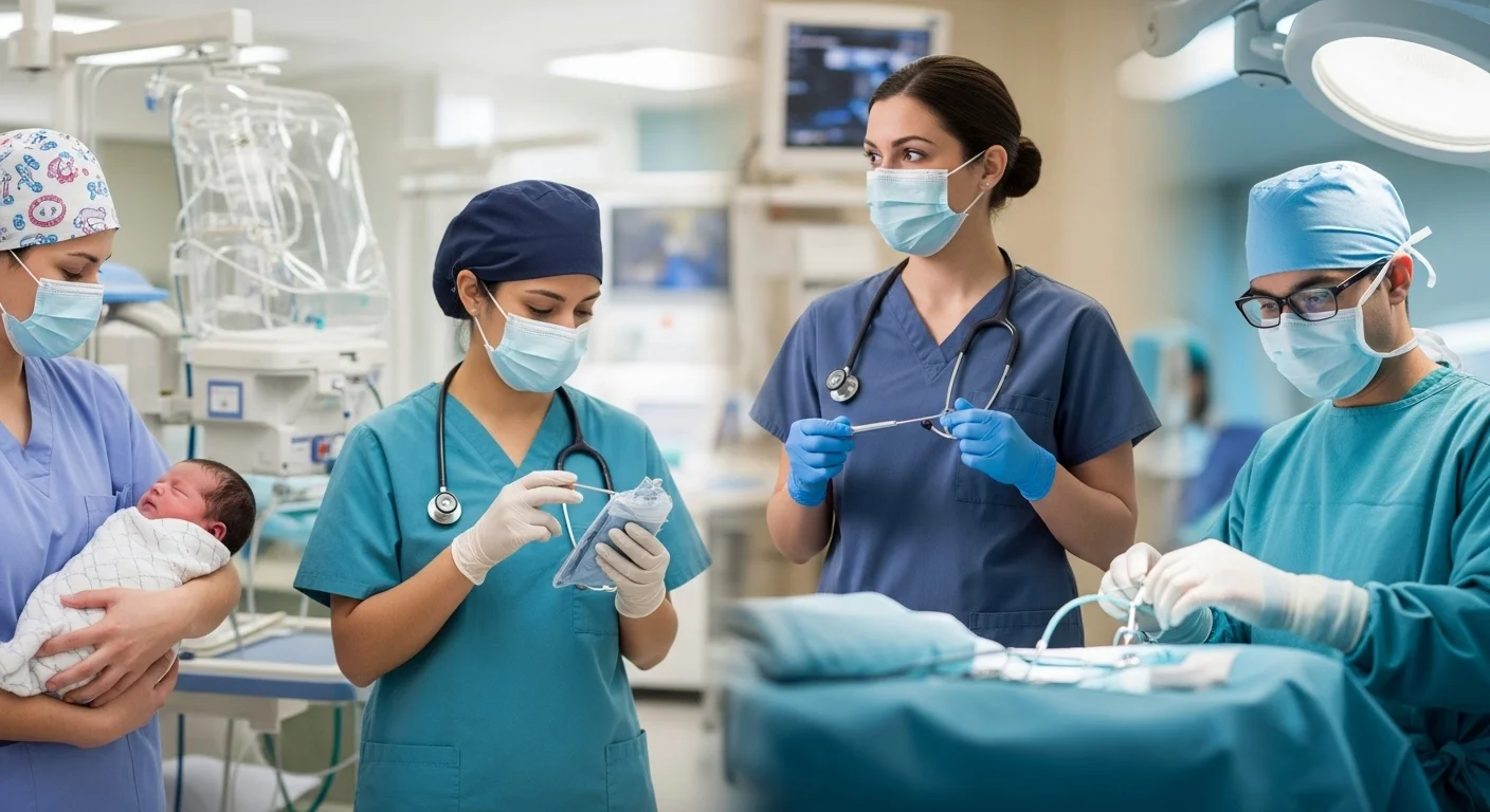 125+ Nursing Riddles to Challenge Your Medical Mind (With Answers!) 6 Medical team in surgical masks and scrubs attending to newborn in sterile operating room environment