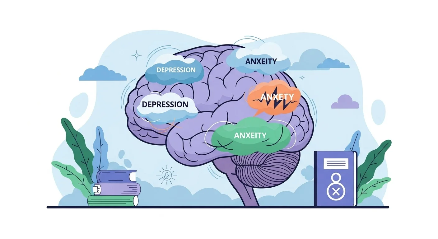 125+ Disease Riddles to Test Your Medical IQ (Answers Inside) 11 Brain illustration showing mental health conditions including anxiety, depression, and psychological wellness concepts