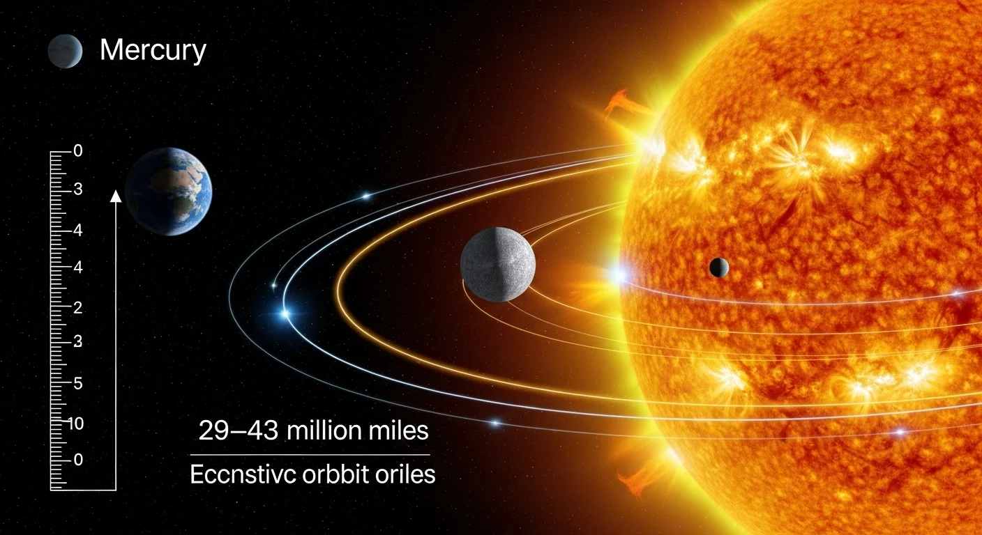125+ Mercury Riddles with Answers: A Cosmic Puzzle Adventure 1 Mercury orbital diagram showing planet's eccentric orbit around the Sun with distance measurements of 29-43 million miles - mercury riddles