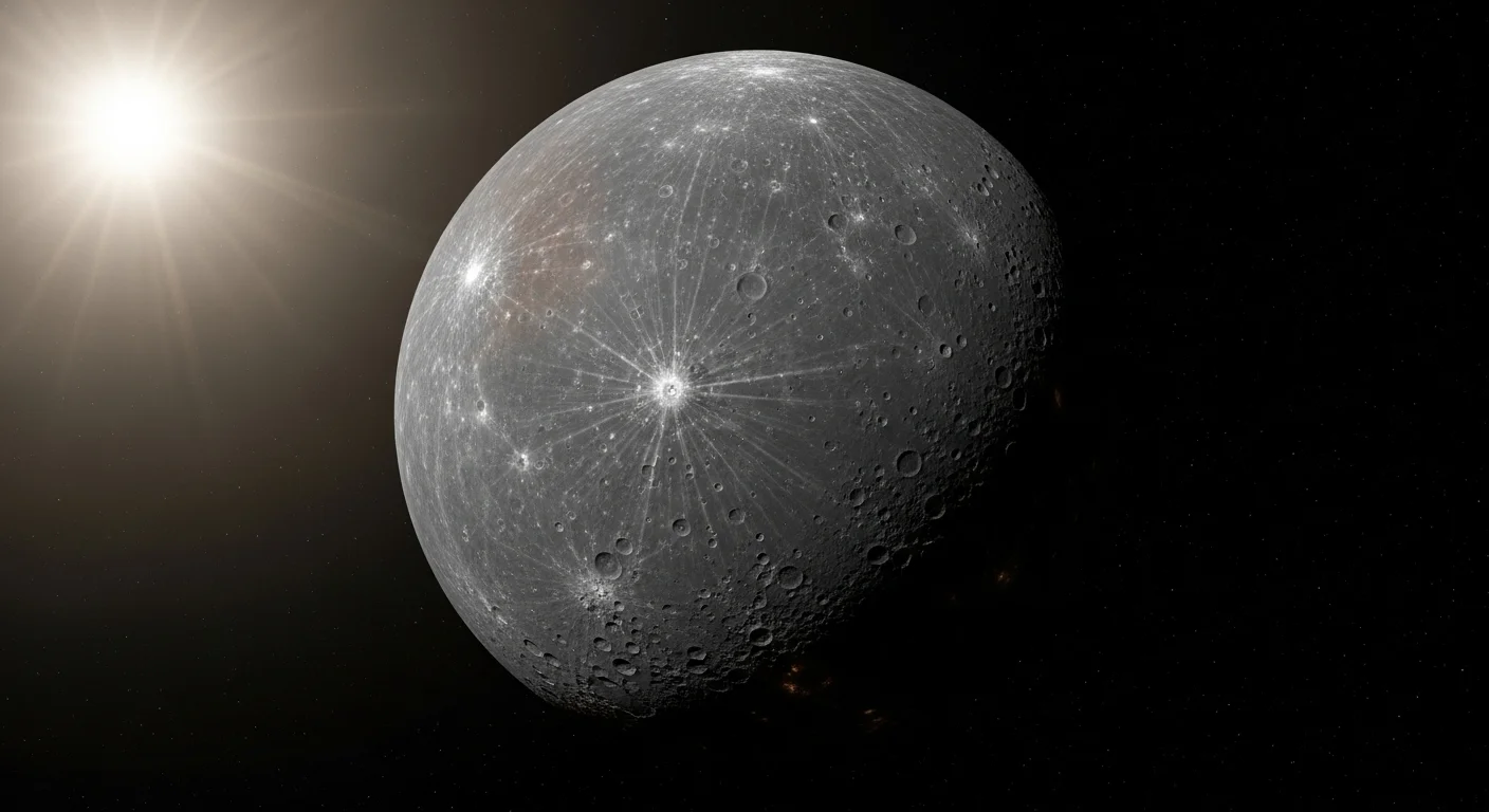 125+ Mercury Riddles with Answers: A Cosmic Puzzle Adventure 14 Mercury planet showing heavily cratered surface with radiating impact patterns and solar illumination
