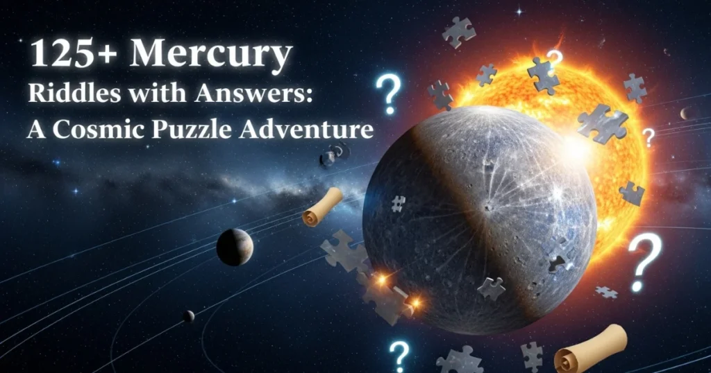 Mercury planet riddles and puzzles cosmic adventure book cover with question marks and puzzle pieces floating in space
