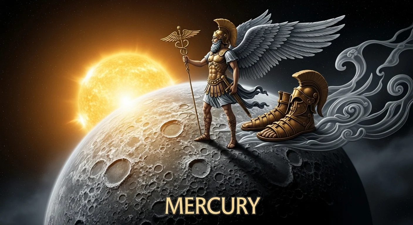125+ Mercury Riddles with Answers: A Cosmic Puzzle Adventure 6 Roman god Mercury with winged sandals and caduceus staff standing on planet Mercury with the Sun in background