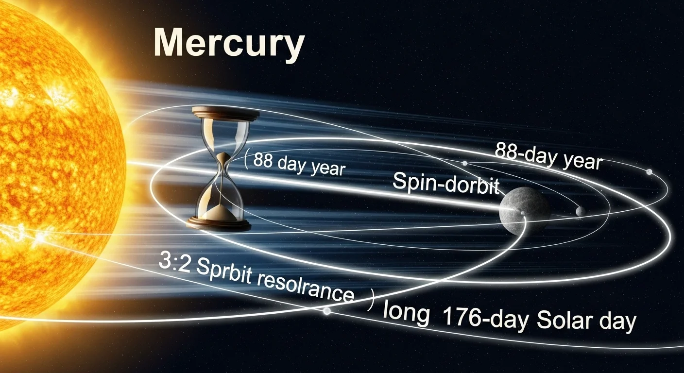 125+ Mercury Riddles with Answers: A Cosmic Puzzle Adventure 3 Mercury spin-orbit resonance diagram showing 88-day orbital year and 176-day solar day with 3:2 ratio illustration
