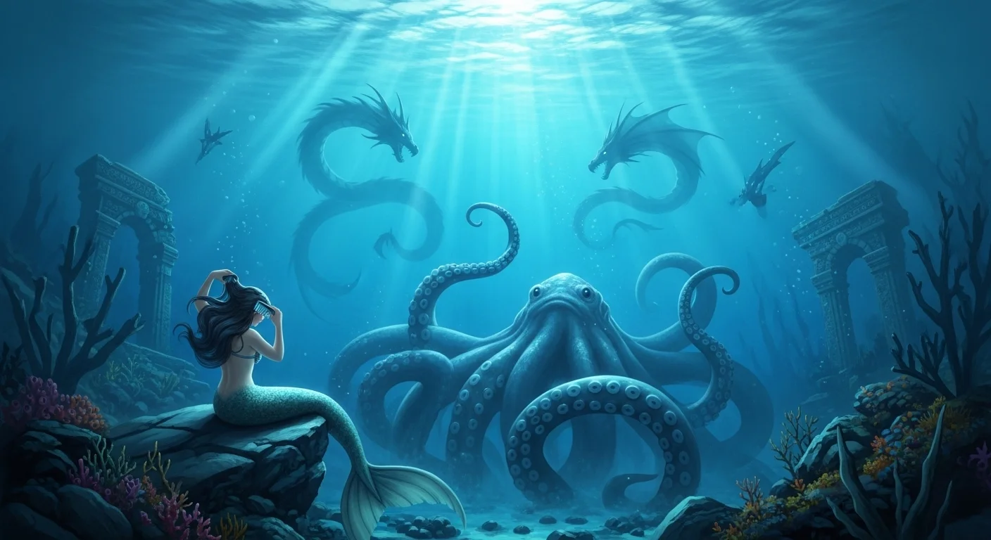 125+ Sea Riddles with Answers: Dive into the Depths of Mystery and Fun 6 Fantasy underwater scene with mermaid encountering sea dragons and giant octopus among ancient ruins