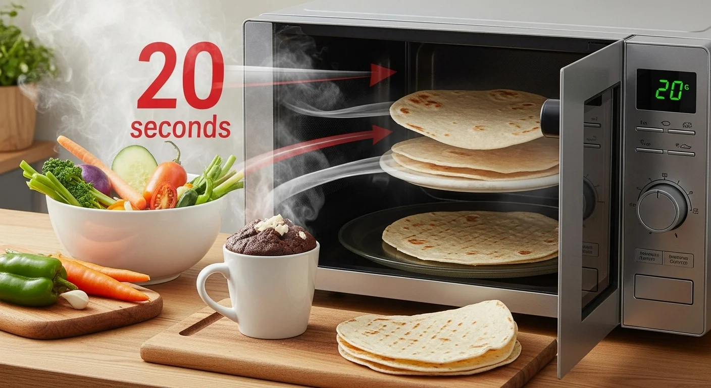 Modern microwave heating tortillas in 20 seconds with fresh vegetables and mug on kitchen counter