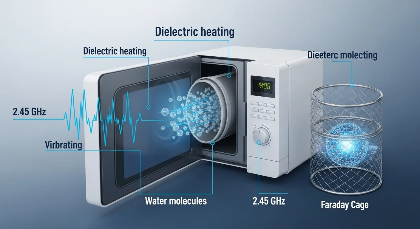 Technical diagram explaining microwave dielectric heating with 2.45 GHz frequency, water molecules, and Faraday cage
