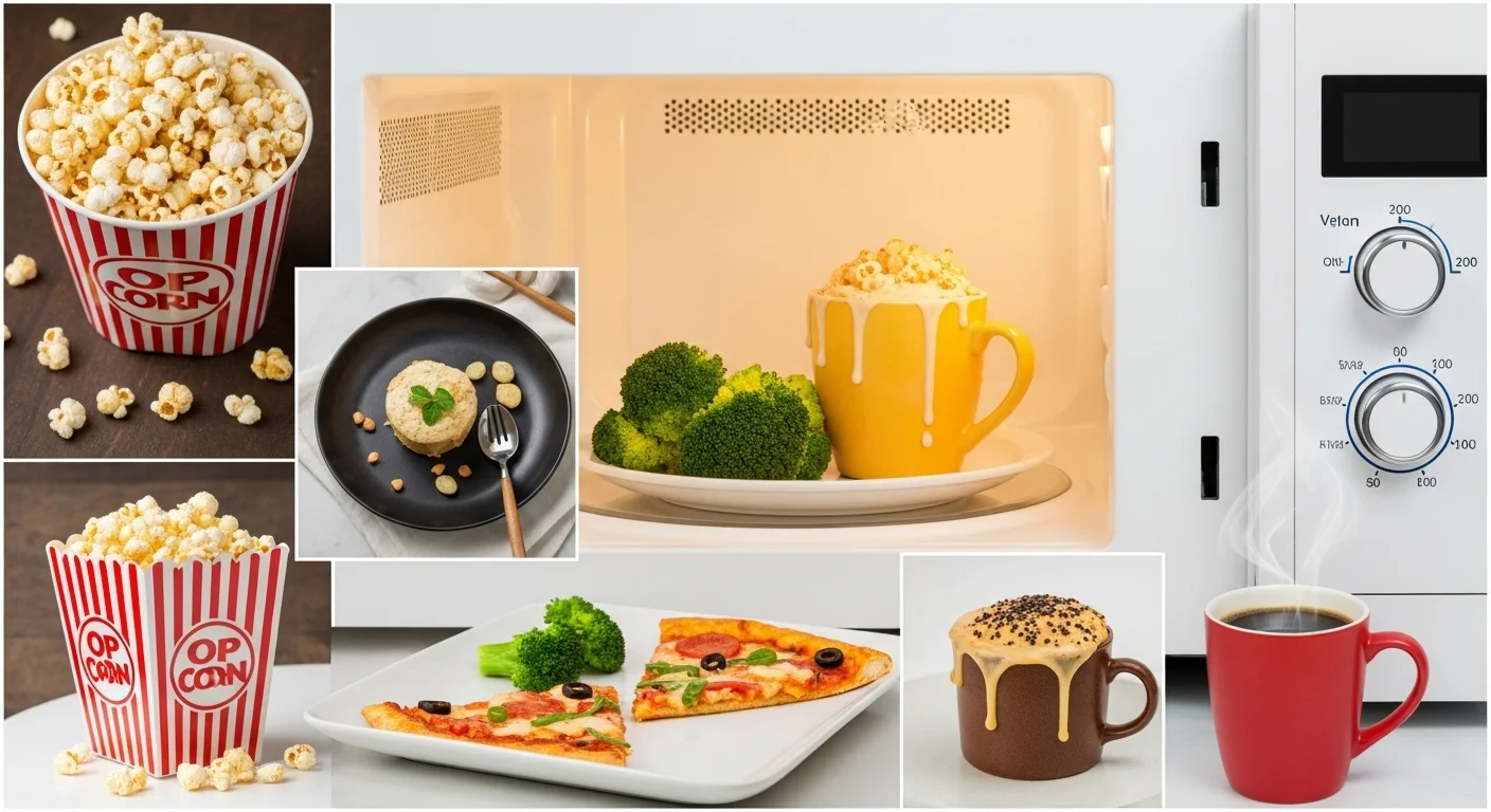 Various microwave-safe foods including popcorn in striped containers, pizza slices, broccoli, beverages in mugs, and a microwave oven