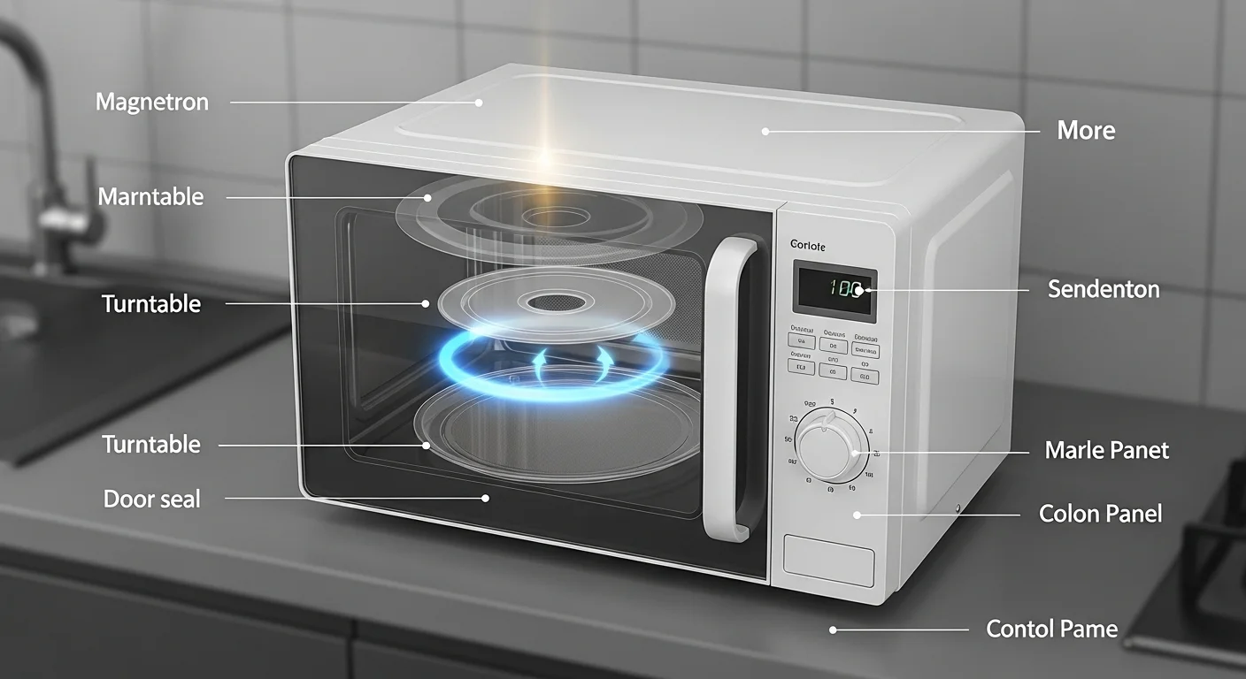 Detailed microwave oven technical diagram showing labeled components like magnetron, turntable, and control panel