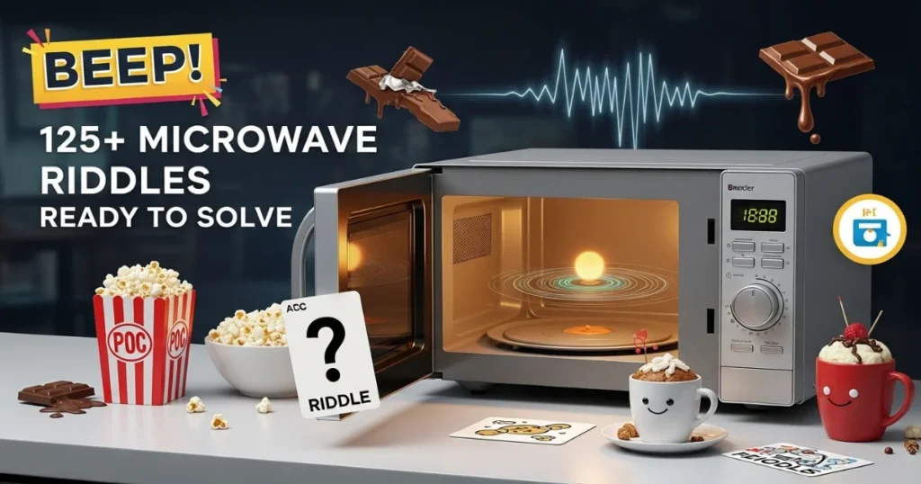 Microwave riddles collection promotional banner featuring beep sound effects, chocolate pieces, and kitchen appliances
