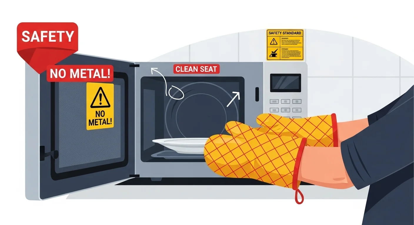 Microwave safety illustration showing hand with oven mitt removing plate while emphasizing no metal rule