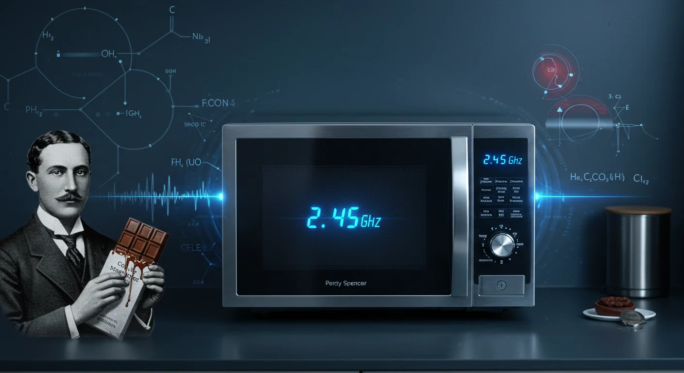 Scientific microwave diagram showing 2.45 GHz frequency with historical figure and molecular chemistry formulas